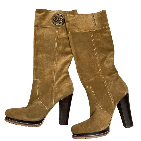 BCBG Shoes - BCBG | Tan Suede Tall Leather Heel Boots Emblem High Heel Size 9